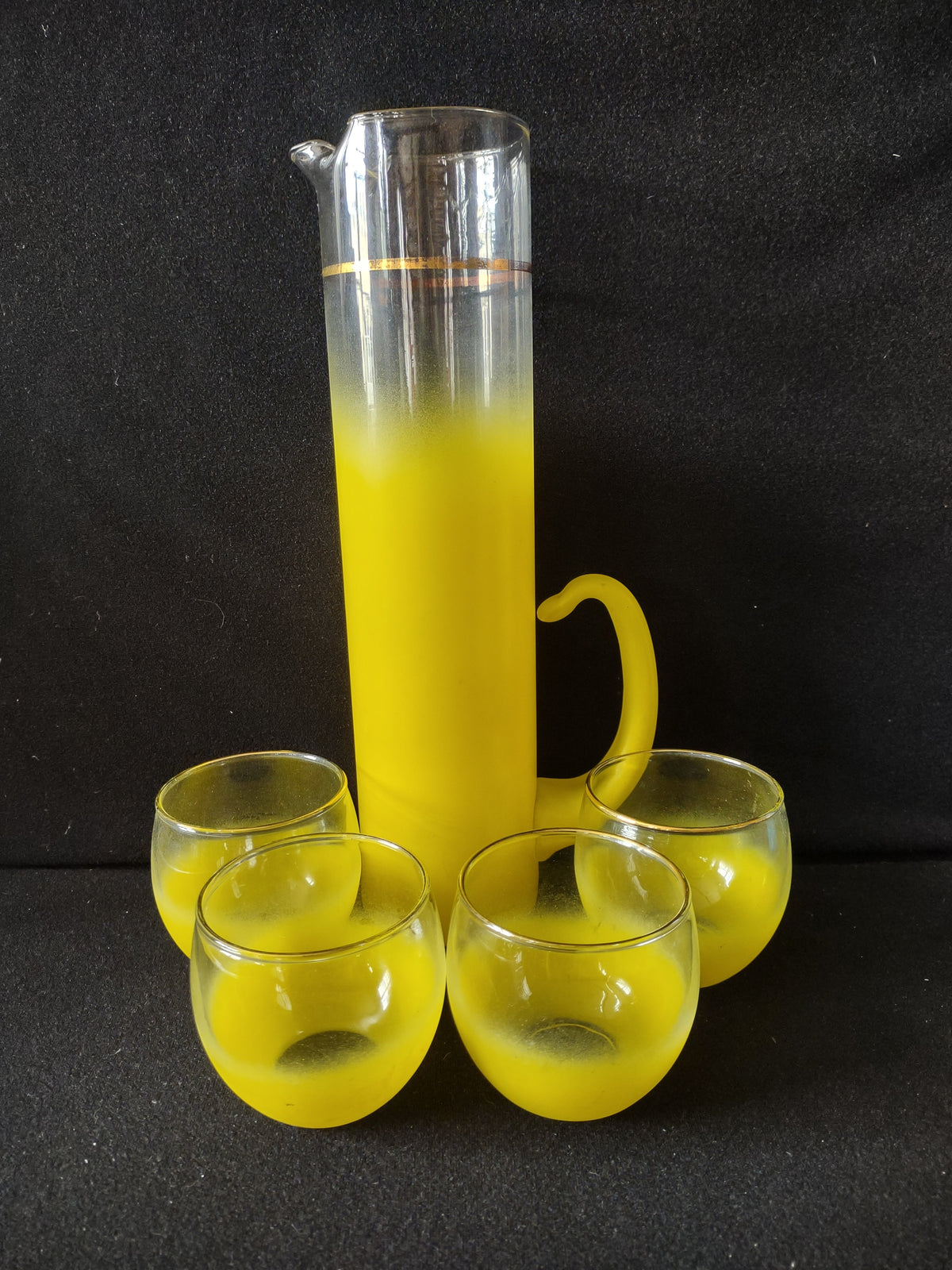 Vintage yellow frosted glass pitcher and 4 roly-poly tumblers set of 5 mid-century barware