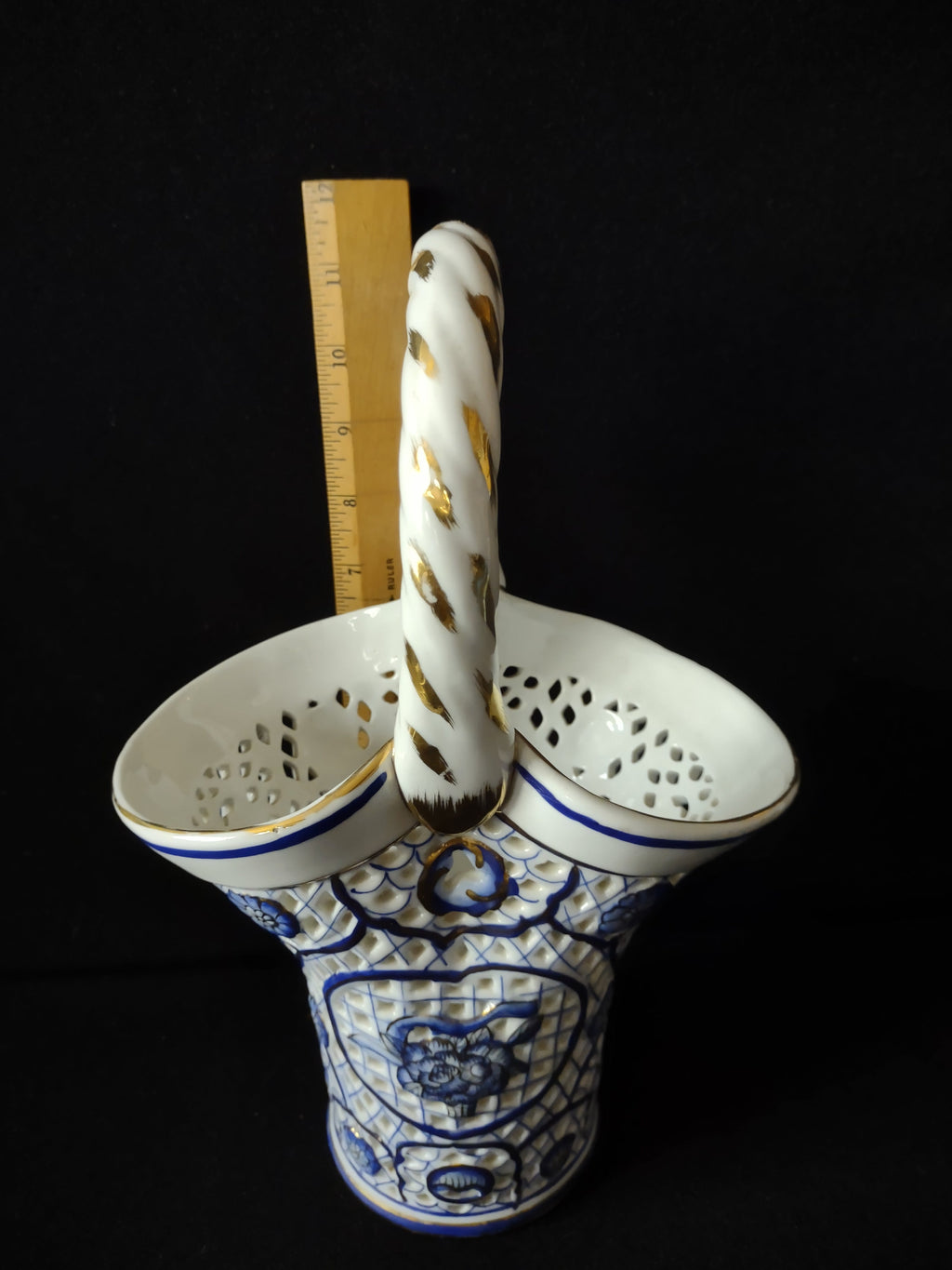 Vintage Hand Painted Fine Porcelain Blue Gold Reticulated Basket - side view showing reticulated lattice body and cobalt blue decoration