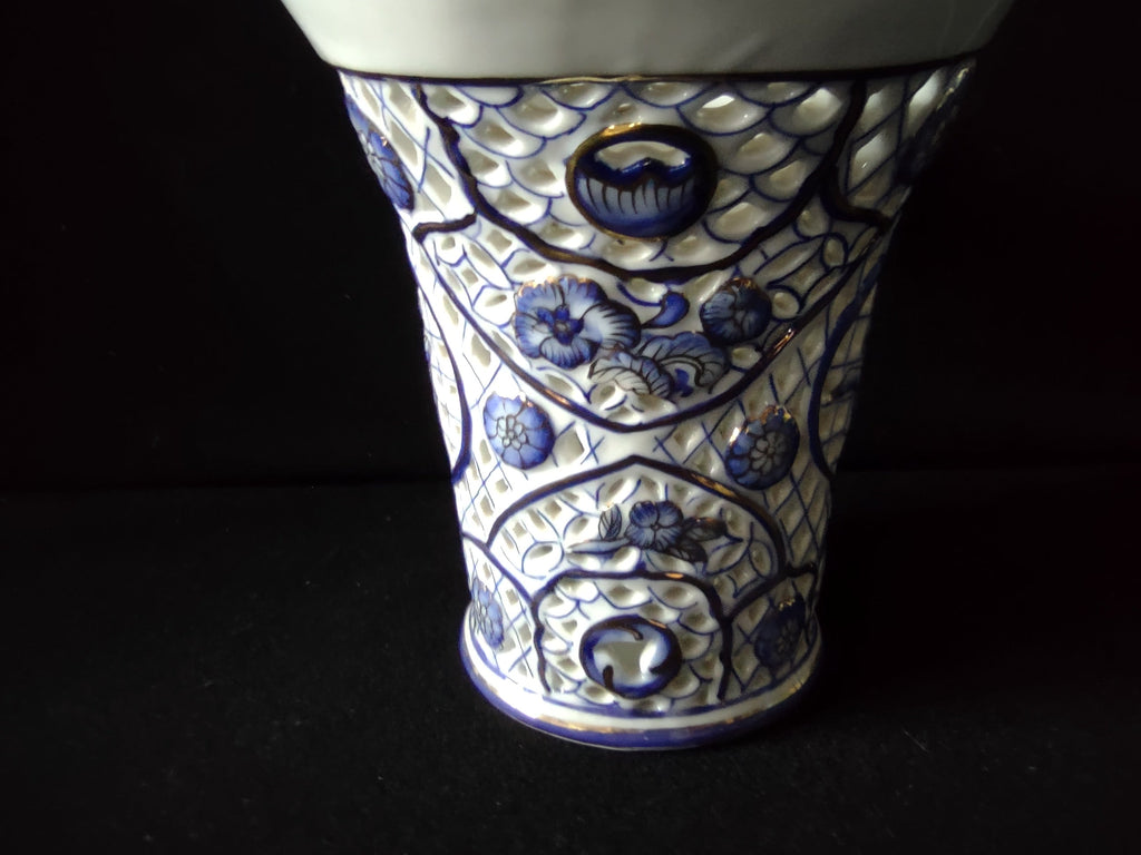 Vintage Hand Painted Fine Porcelain Blue Gold Reticulated Basket - top view showing pierced lattice interior and gold rope handle
