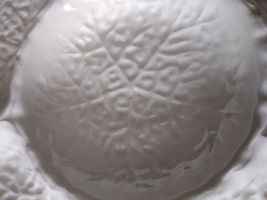 Vintage Greek Pottery Off-White Cabbage Leaf Divided Relish Tray - top view showing embossed leaf sections
