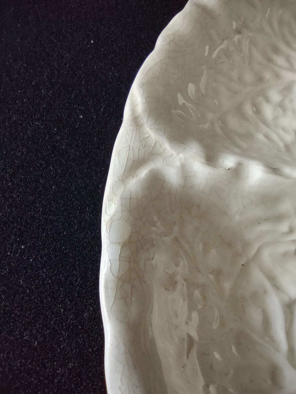 Vintage Greek Pottery Cabbage Leaf Tray - close-up showing age-appropriate crazing in glaze