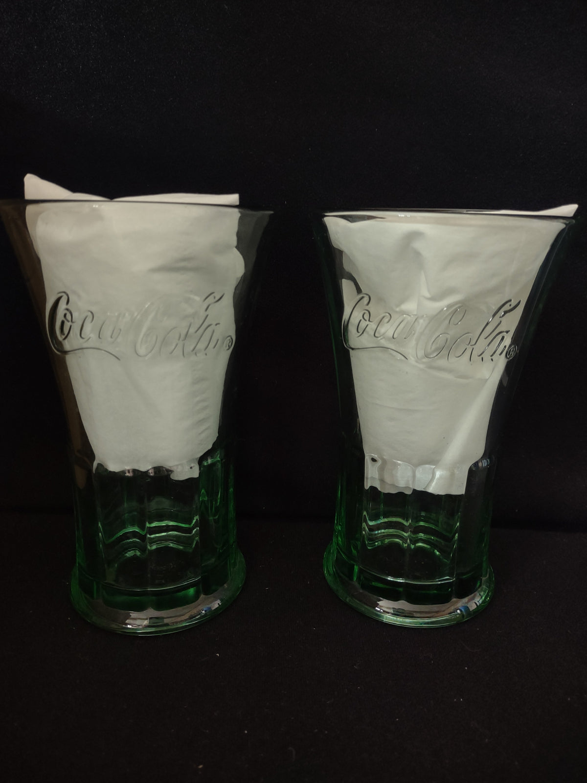 Vintage Coca-Cola green glass tumbler - bottom view showing stepped base and foot rim