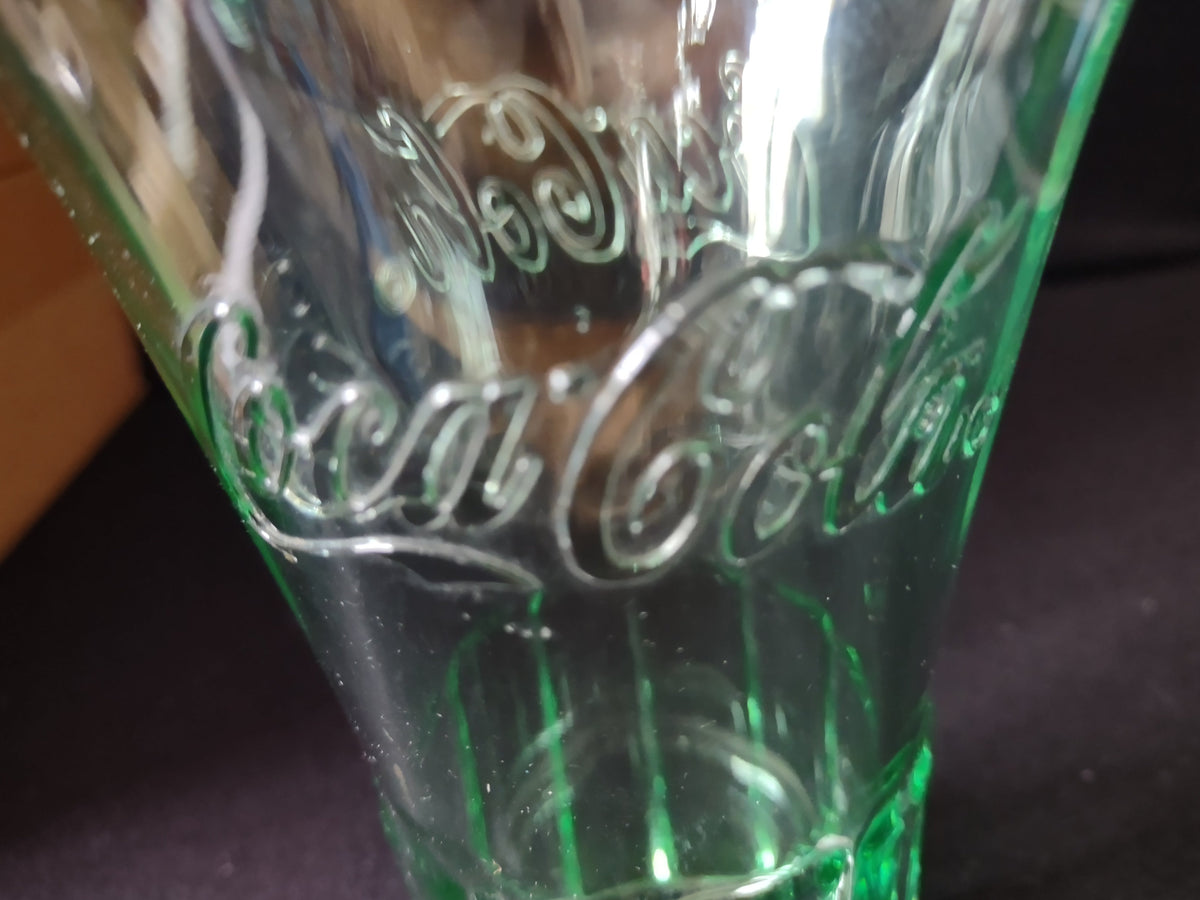 Vintage Coca-Cola green glass tumblers set of 2 with ruler showing approximately 6 inch height