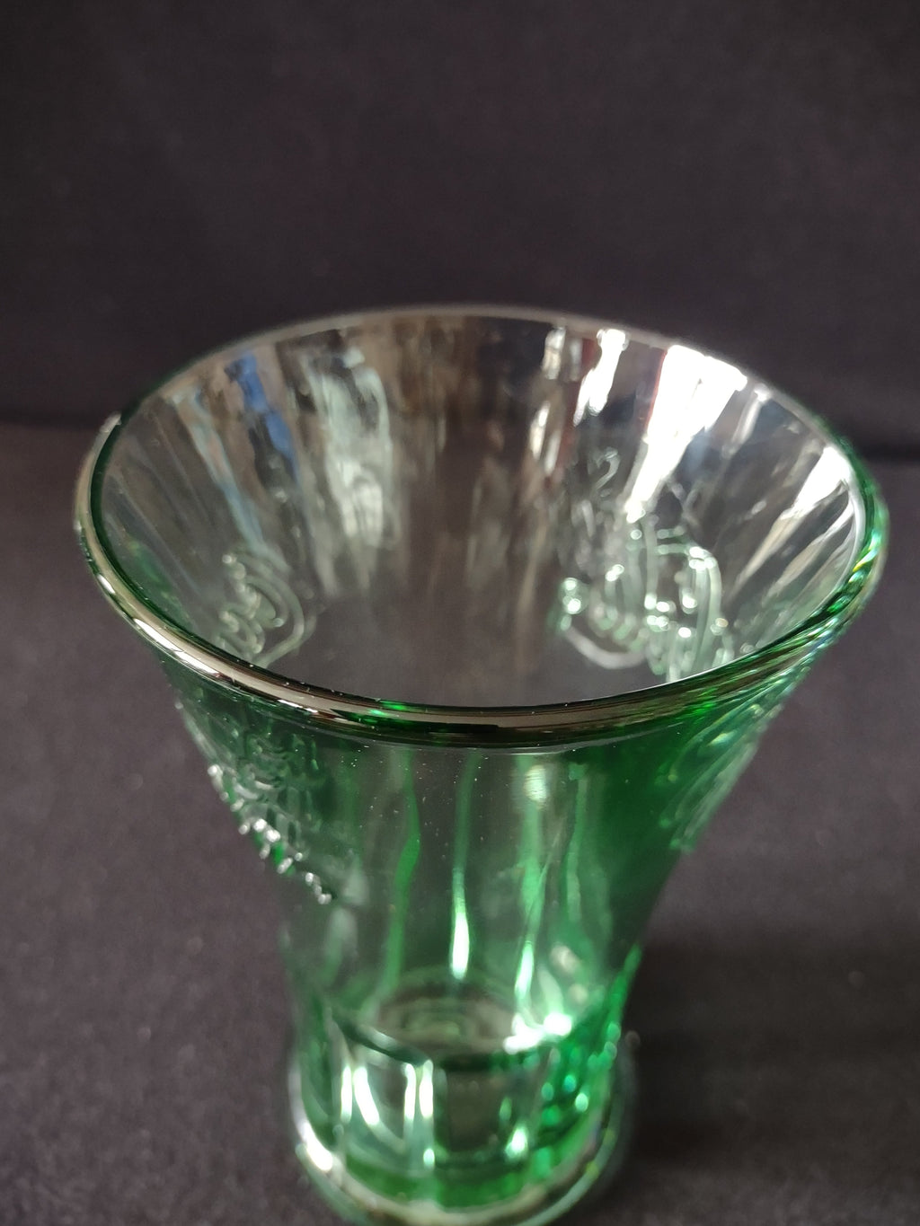 Vintage Coca-Cola green glass tumblers set of 2 front view showing embossed Coca-Cola logo on both glasses