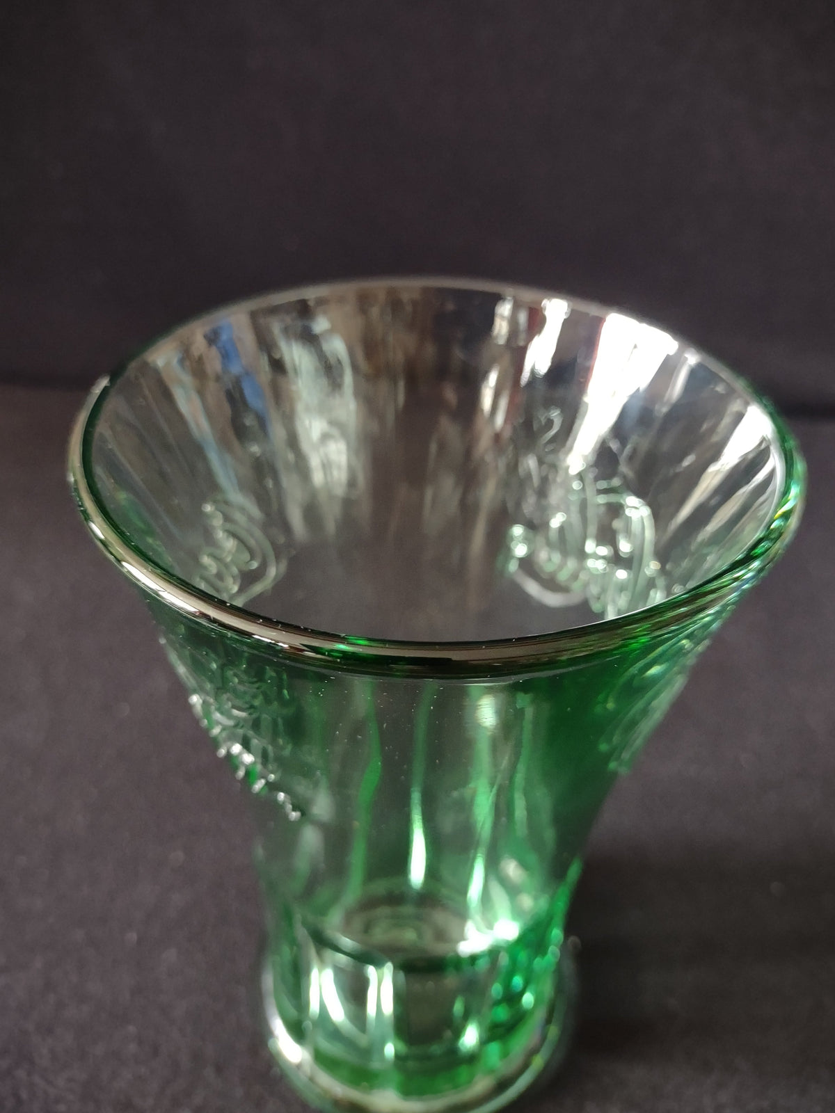 Vintage Coca-Cola green glass tumblers set of 2 front view showing embossed Coca-Cola logo on both glasses
