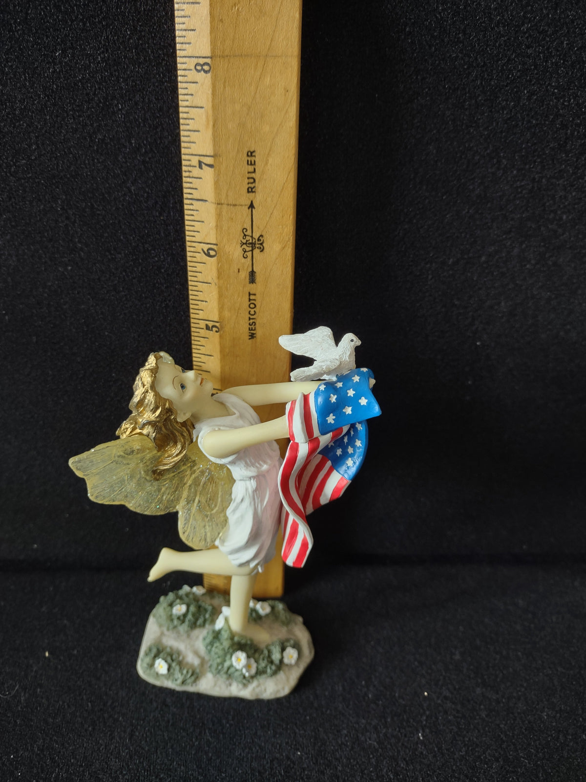 Vintage Dezine Friends of Peace angel fairy figurine - full front view showing American flag and white dove