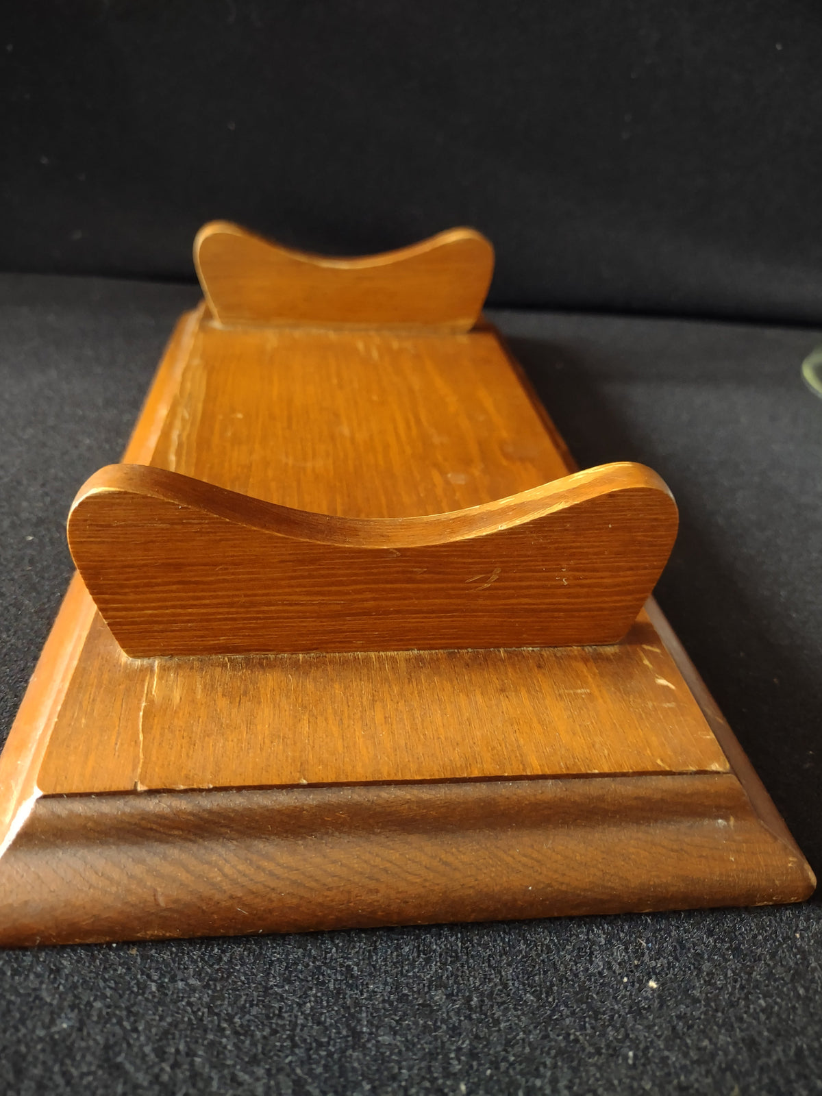 Vintage clear glass hurricane shade on wood cradle stand with ruler showing approx 10-11 inch length