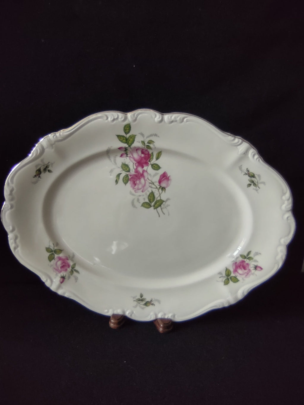 Vintage Rosenthal Pink Rose Oval Serving Platter - rosebud detail on rim