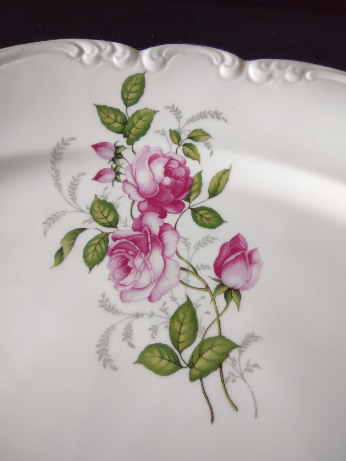 Vintage Rosenthal Pink Rose Oval Serving Platter - measurement ruler showing 14.5 inches