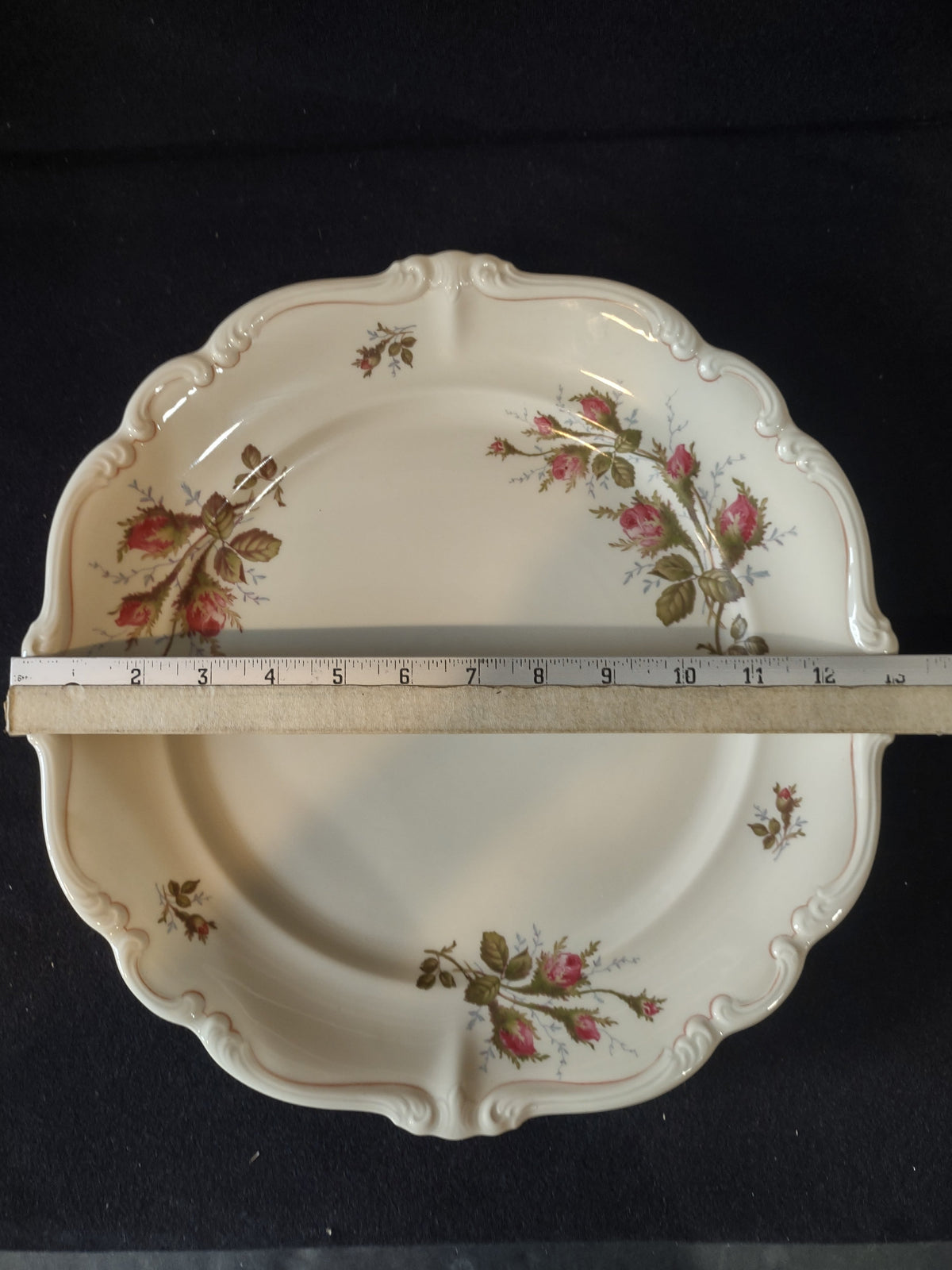 Vintage Rosenthal Pompadour Pink Rosebud Plate - full view with ruler