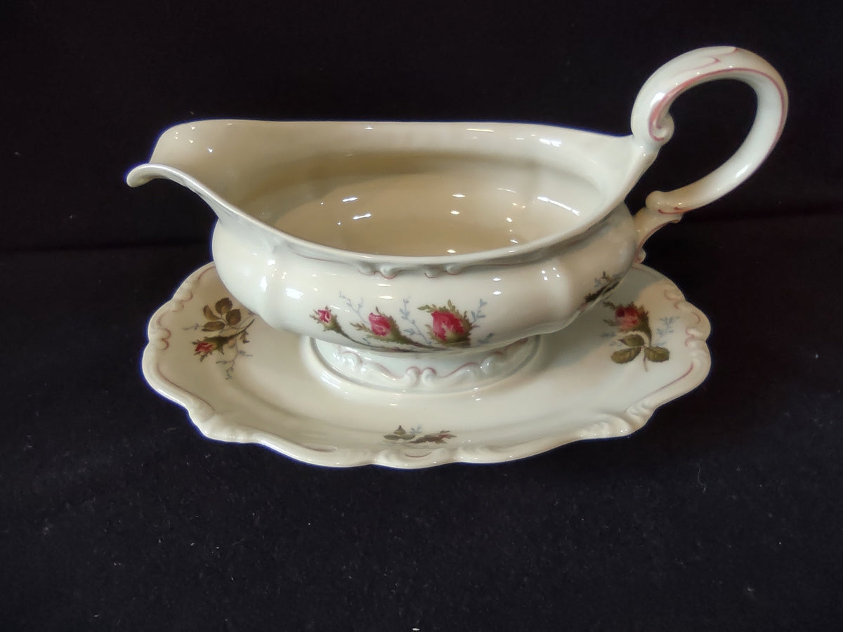 Vintage rosebud gravy boat with underplate - front view