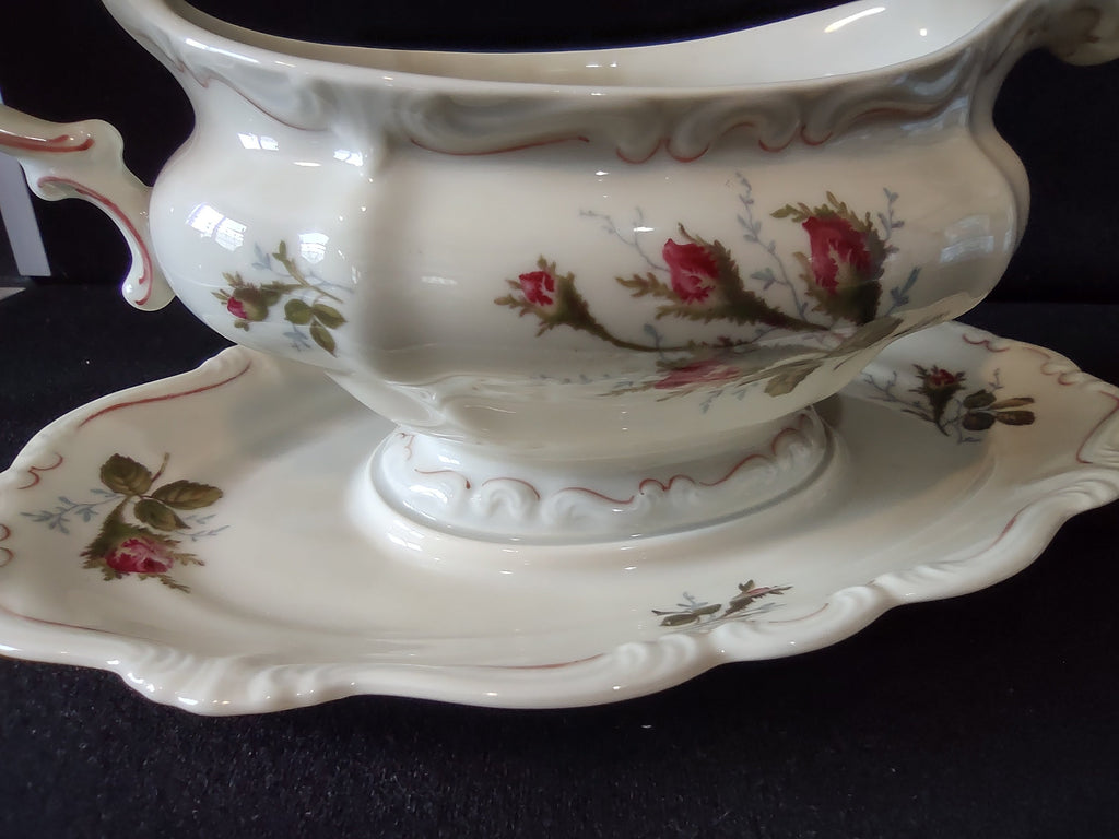 Vintage rosebud gravy boat with underplate - full side view