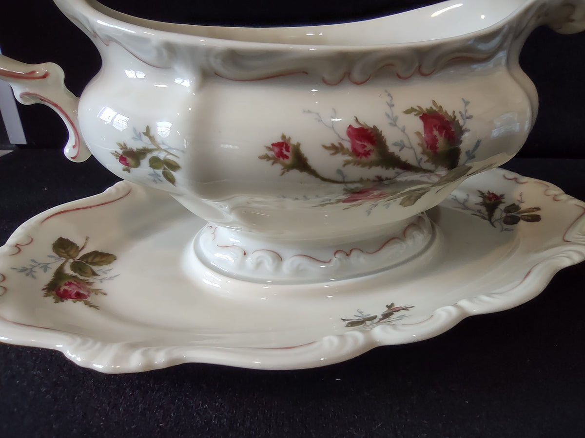 Vintage rosebud gravy boat with underplate - full side view