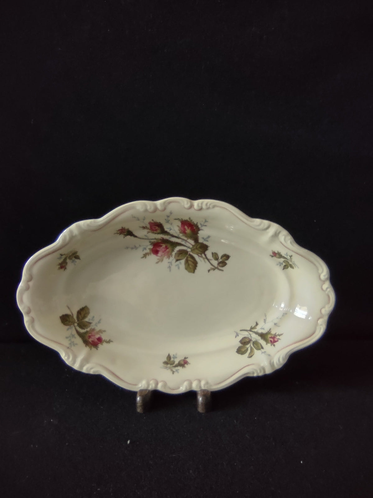 Vintage pink rosebud oval serving dish - full view on stand