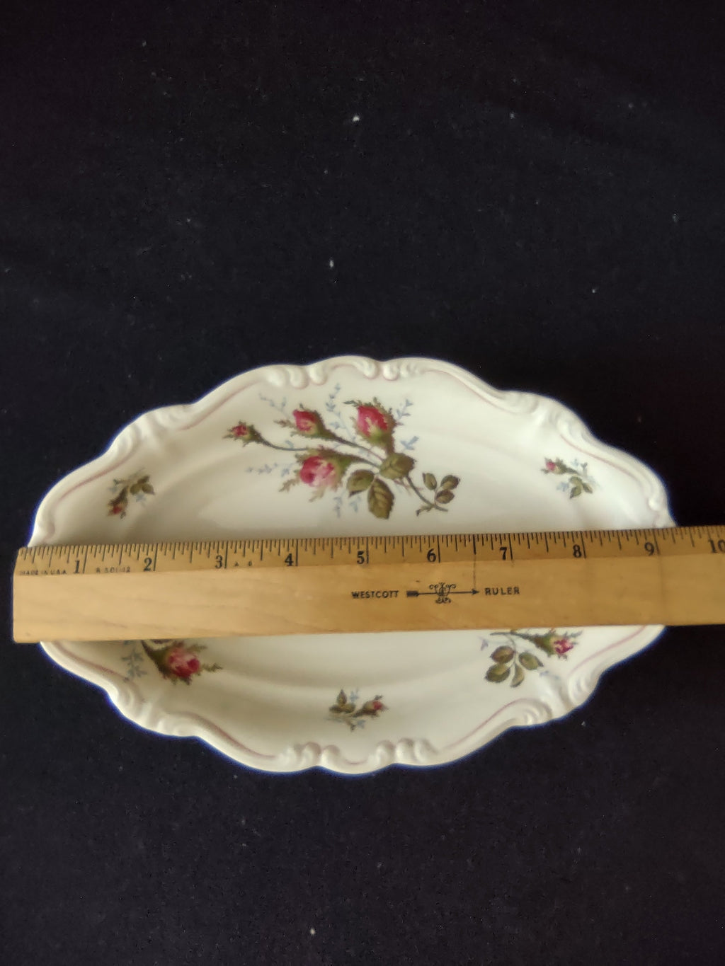Vintage pink rosebud oval serving dish - ruler showing size