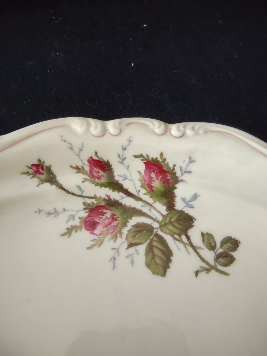 Vintage pink rosebud oval serving dish - interior detail roses