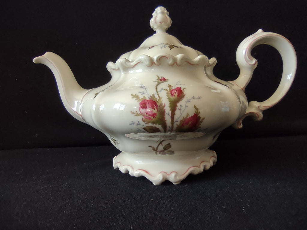 Vintage Pink Rose Rococo Teapot - front view with lid