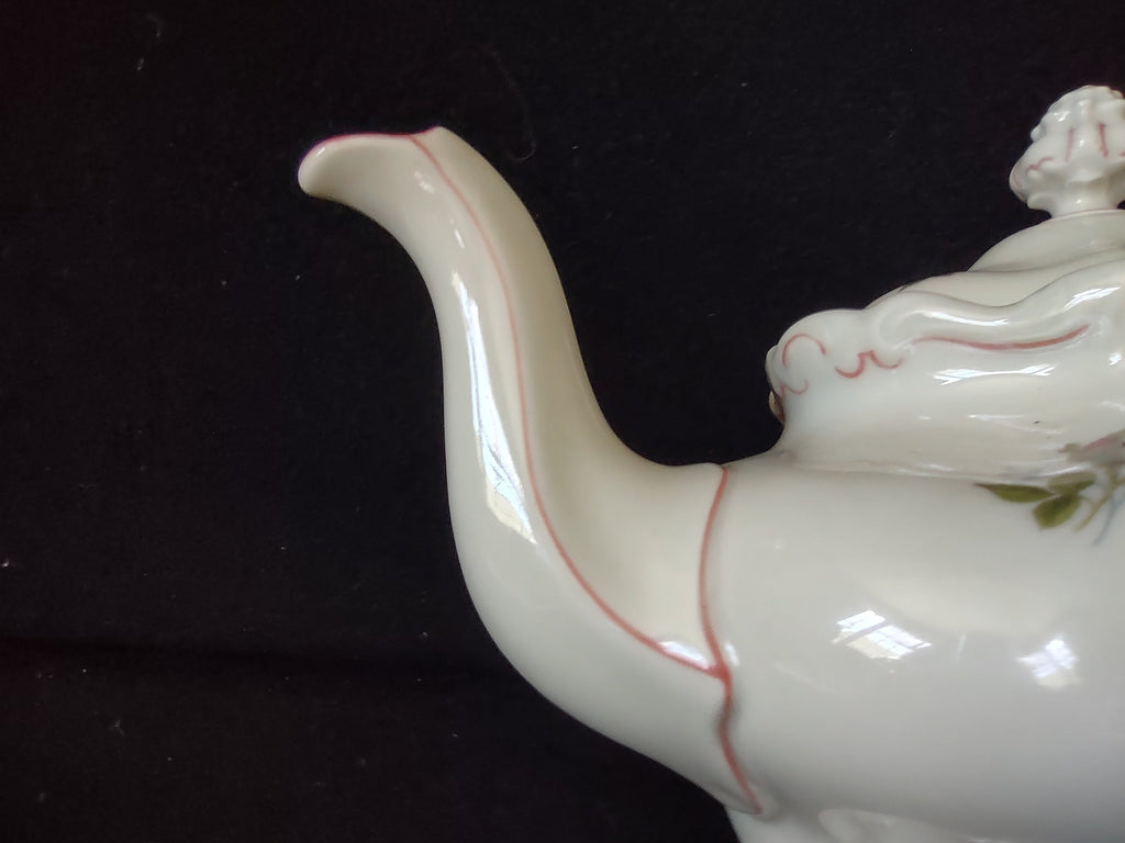 Vintage Pink Rose Rococo Teapot - handle detail with pink trim