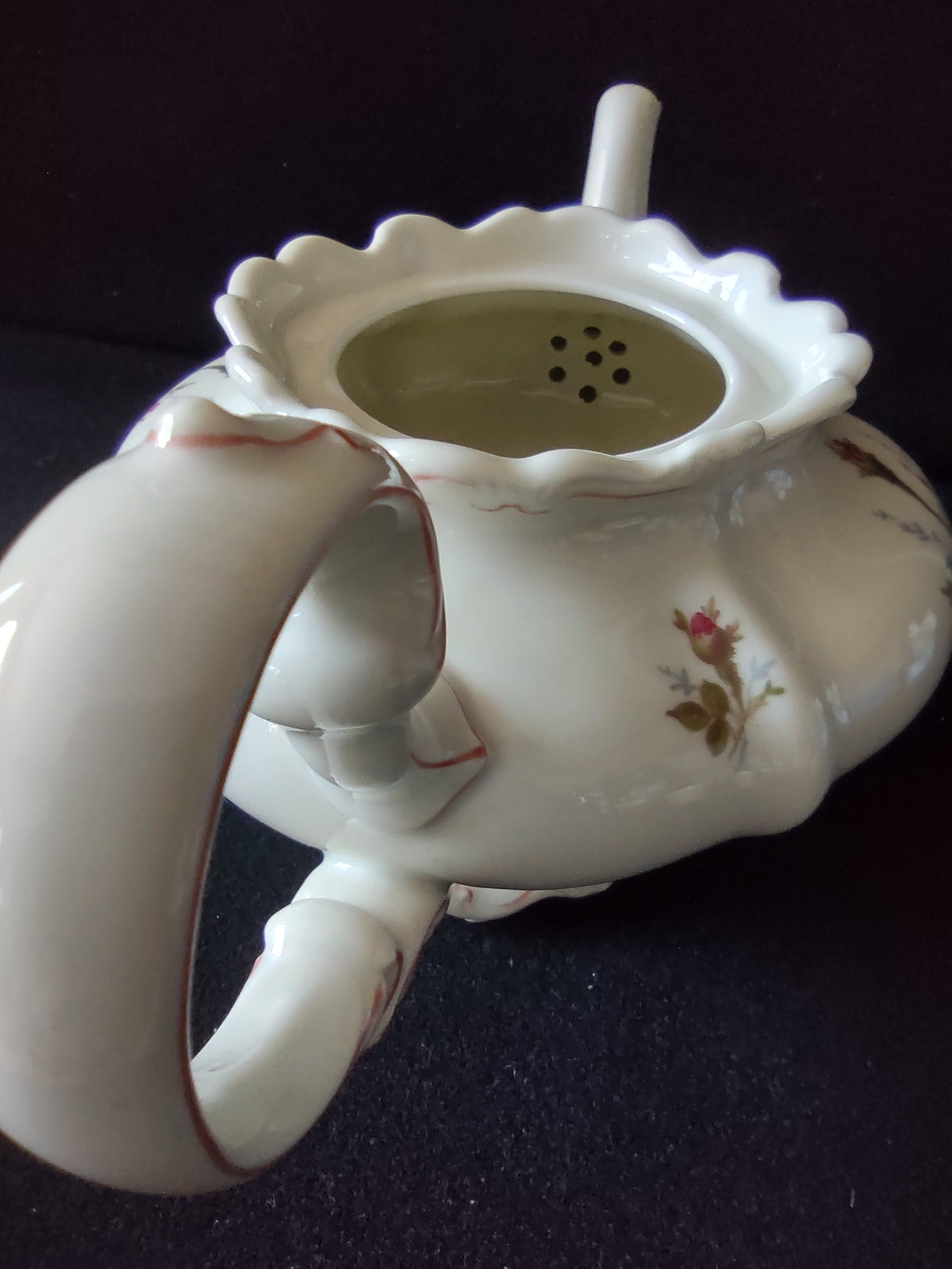 Vintage Pink Rose Rococo Teapot - with ruler showing 9 inch width