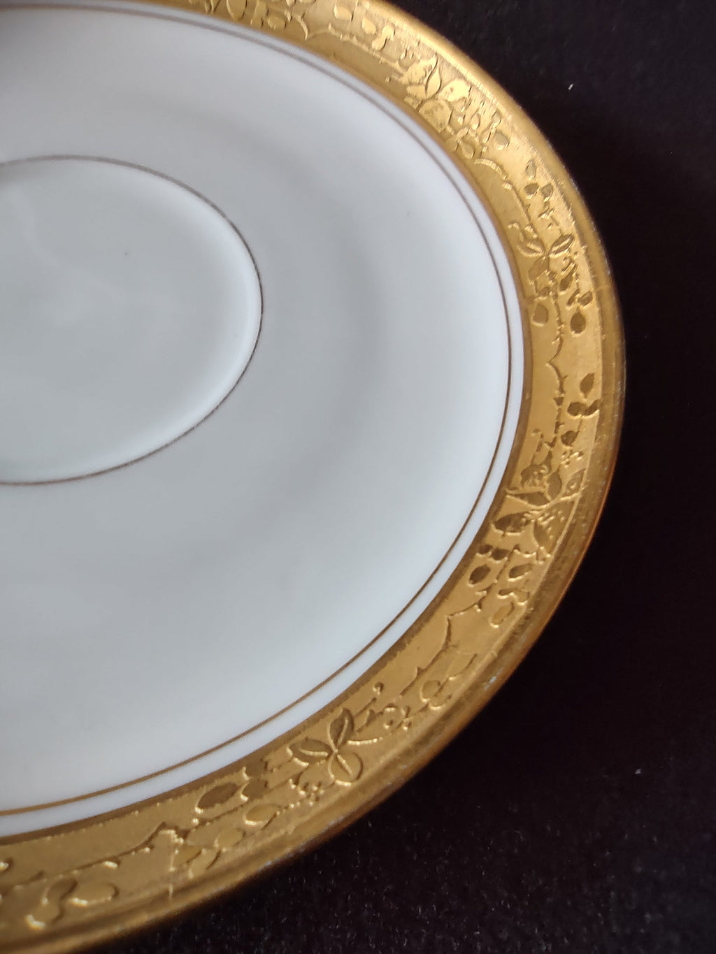 Close-up of embossed gold floral band border