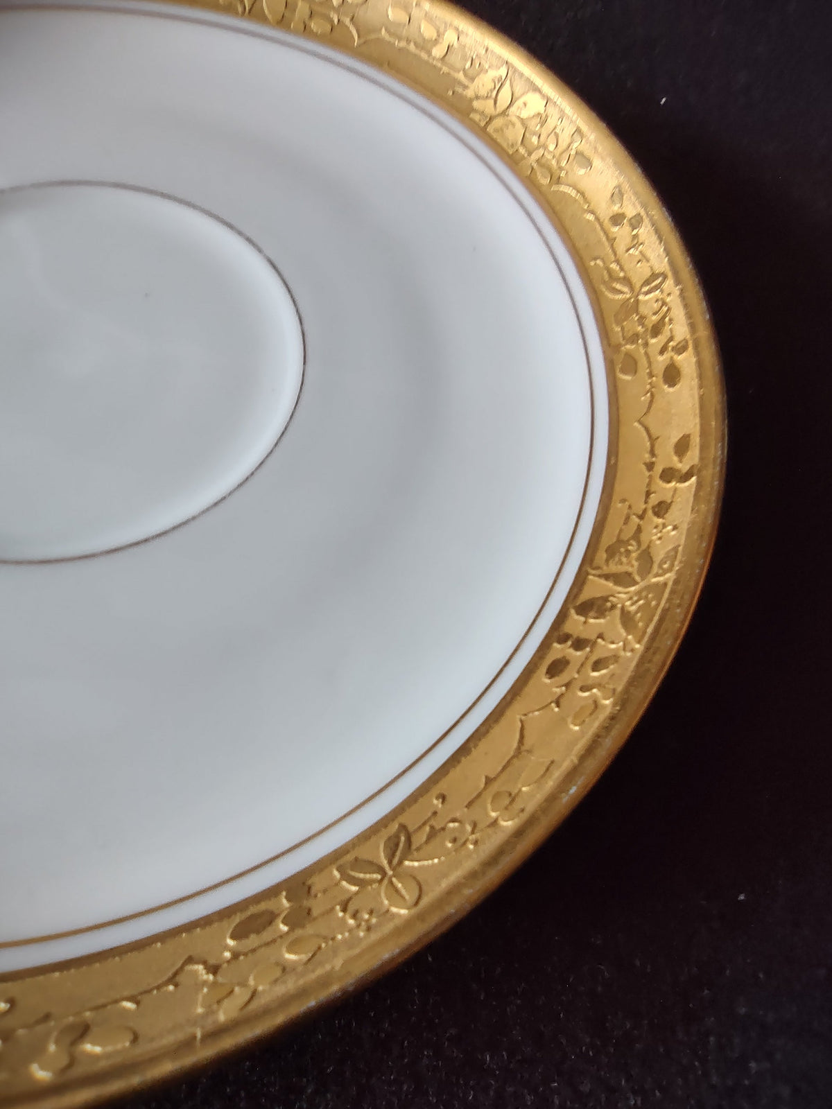 Close-up of embossed gold floral band border