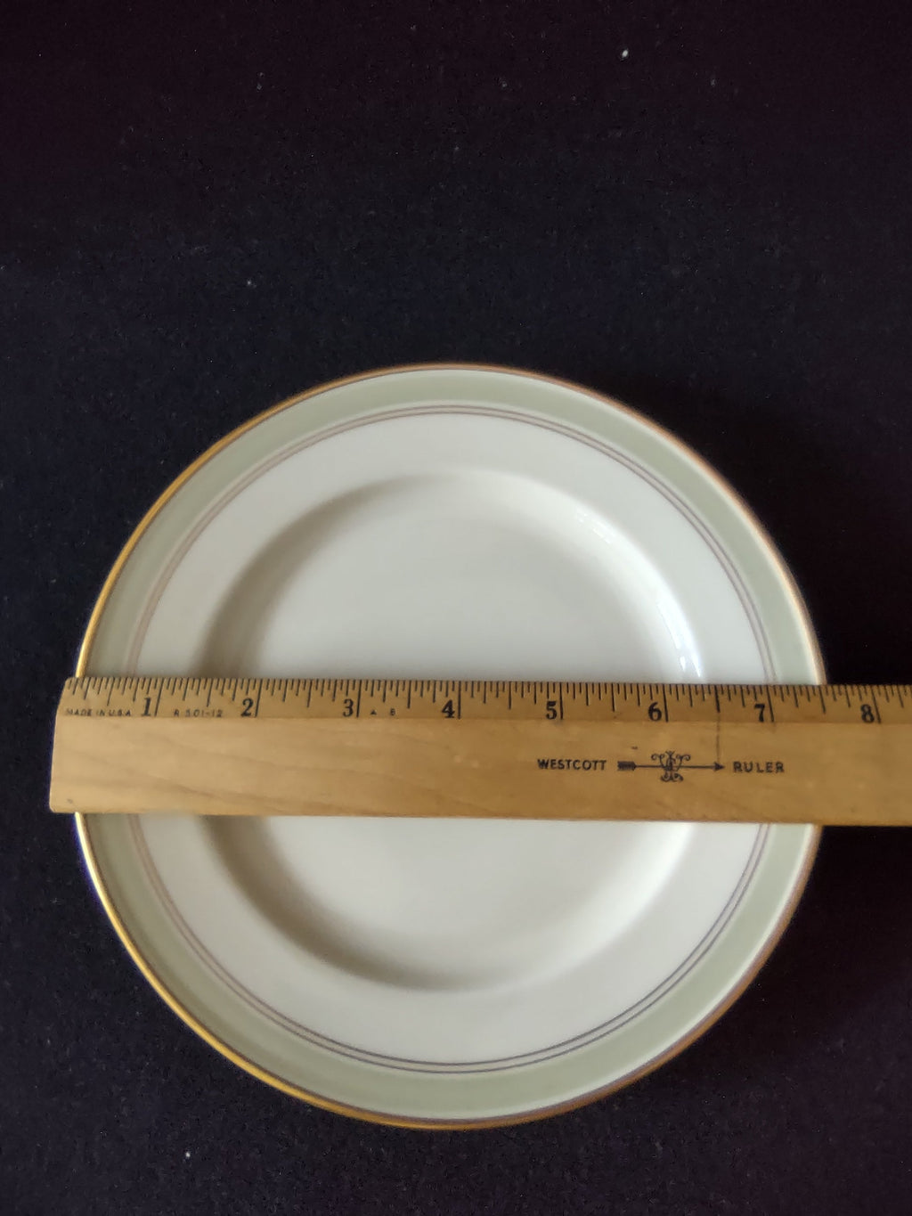 Vintage Hutschenreuther Turvel White & Sage Green Gold Rim Plate - backstamp close-up