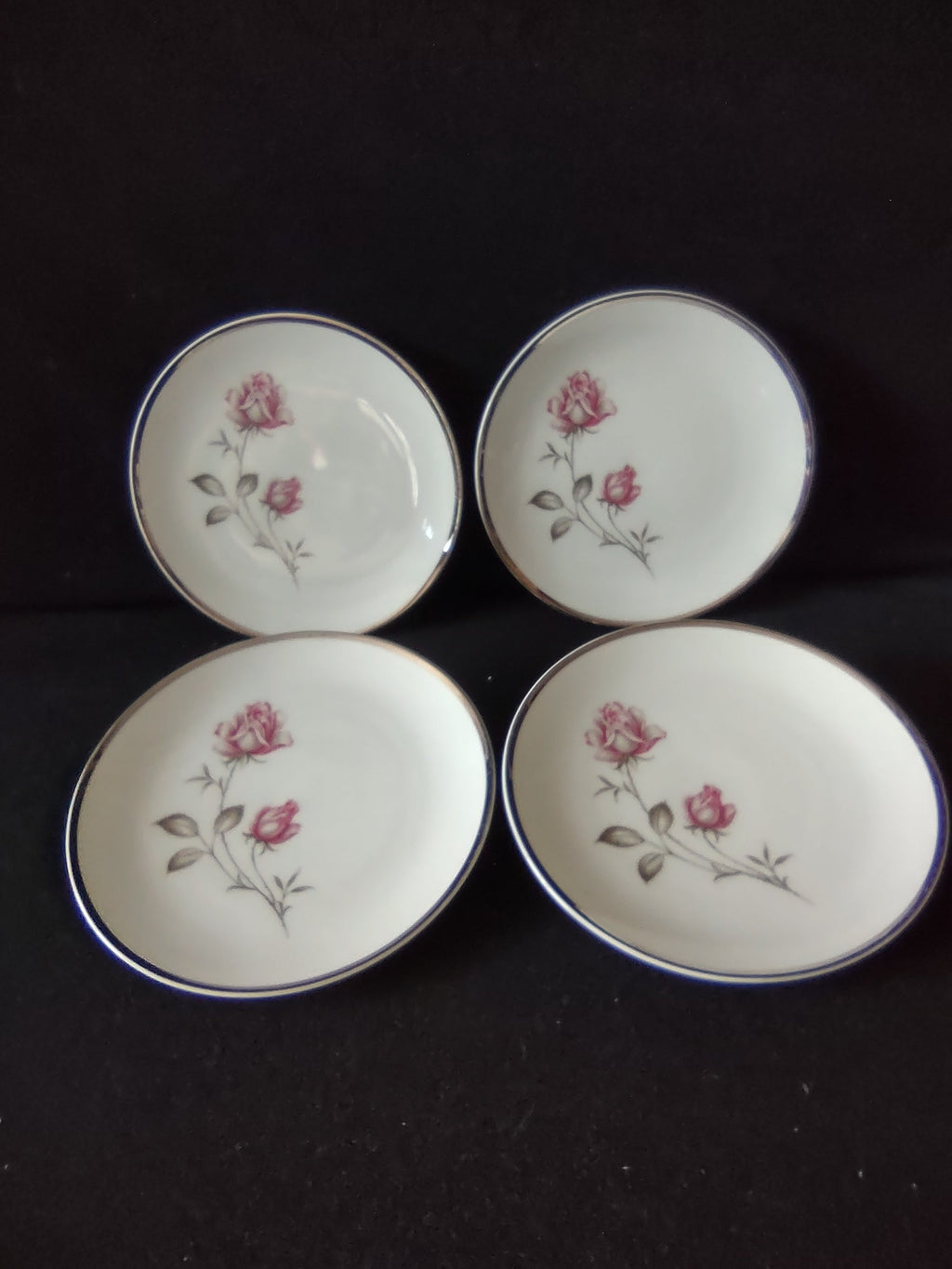 Vintage Schumann Arzberg Pink Rose Platinum Rim Plates Set of 4 - group shot