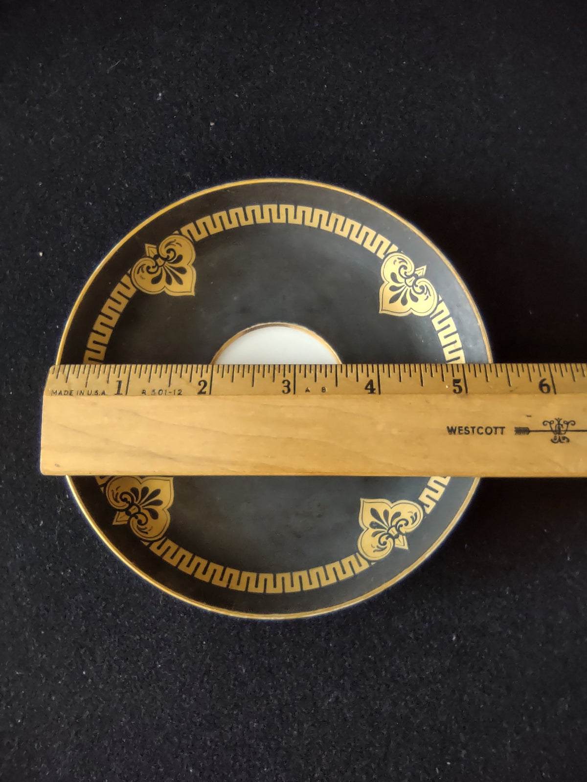 Vintage Syracuse China Black Gold Greek Key Fleur de Lis Saucer - SD backstamp closeup