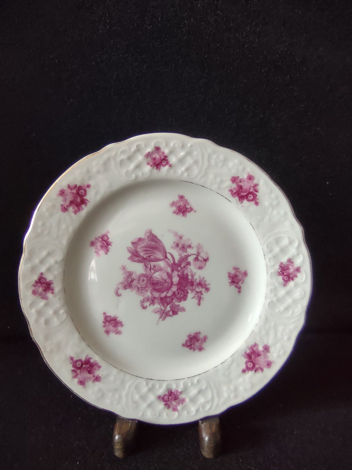 Vintage Germany US Zone Pink Rose Floral Embossed Plate Monika - top view