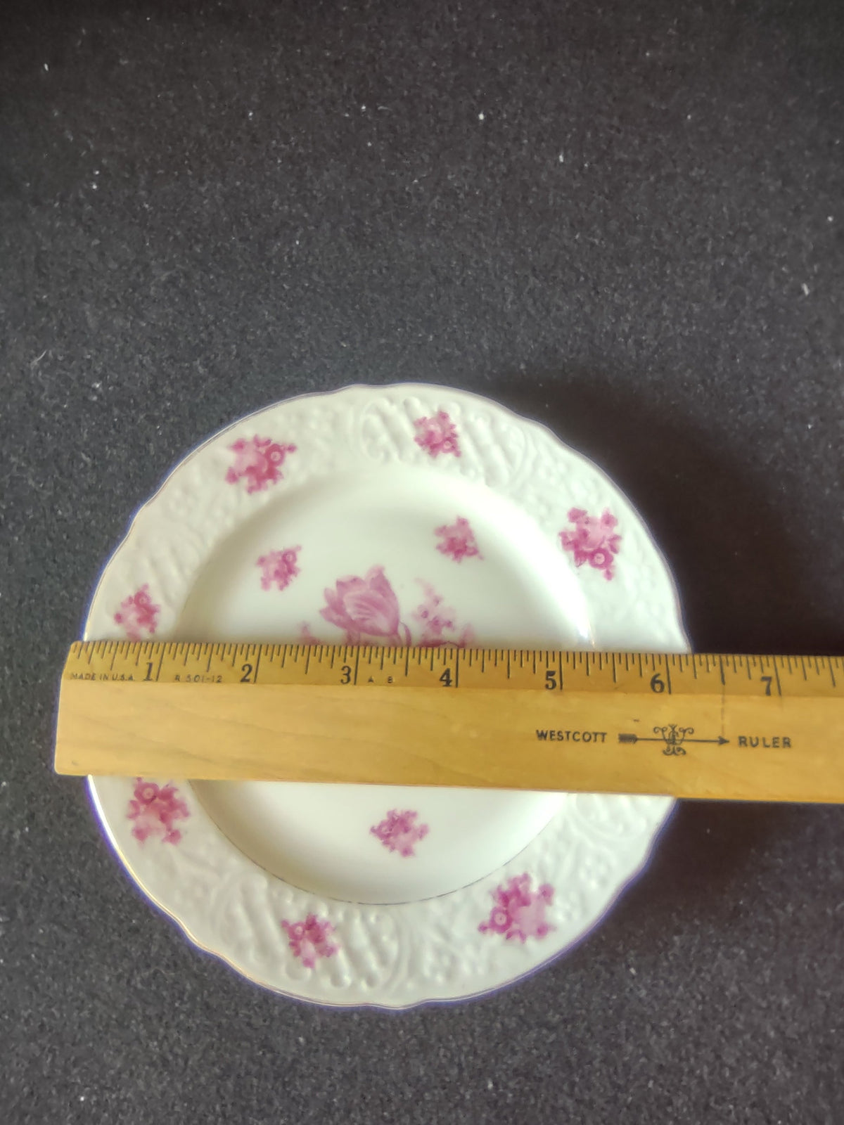 Vintage Germany US Zone Pink Rose Floral Embossed Plate Monika - center bouquet closeup
