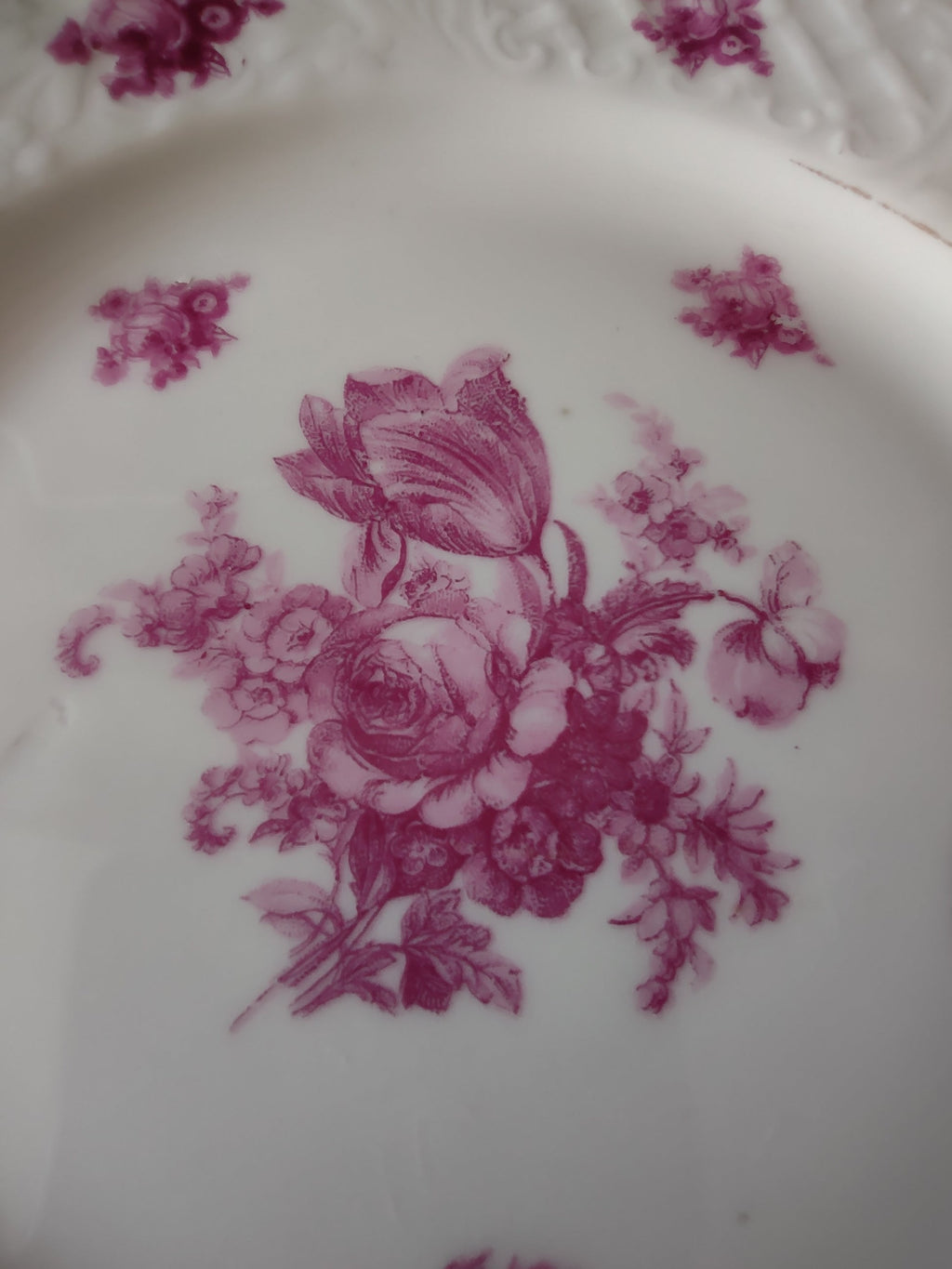 Vintage Germany US Zone Pink Rose Floral Embossed Plate Monika - rim detail