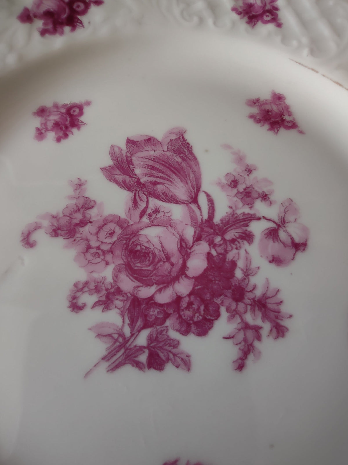 Vintage Germany US Zone Pink Rose Floral Embossed Plate Monika - rim detail