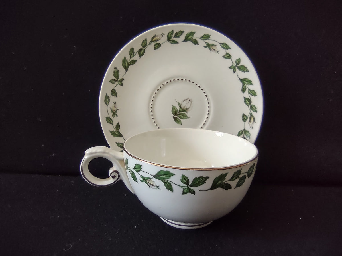 Vintage Hall China Cameo Rose Cup & Saucer Set Green Ivy Gold [6976]