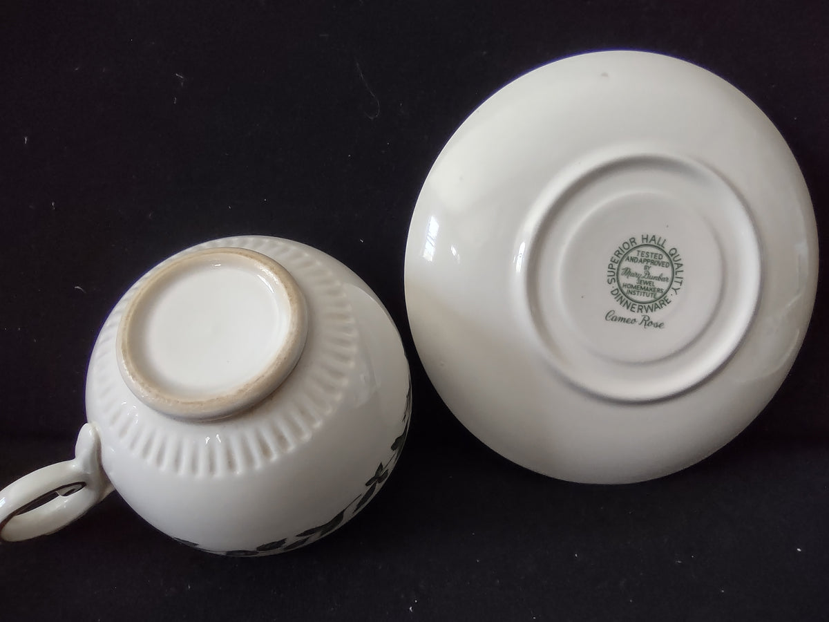 Vintage Hall China Cameo Rose Cup & Saucer Set Green Ivy Gold [6976]
