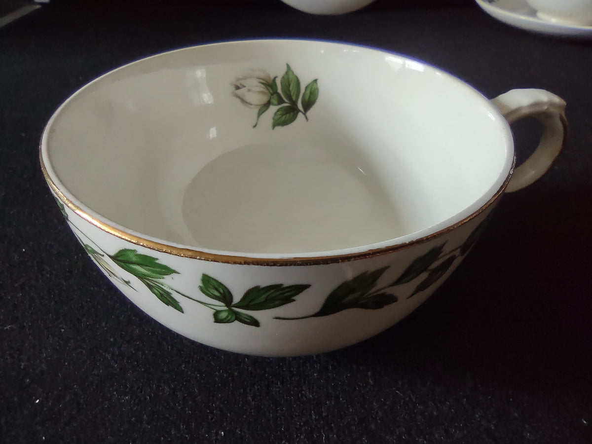 Vintage Hall China Cameo Rose Cup & Saucer Set Green Ivy Gold [6976]