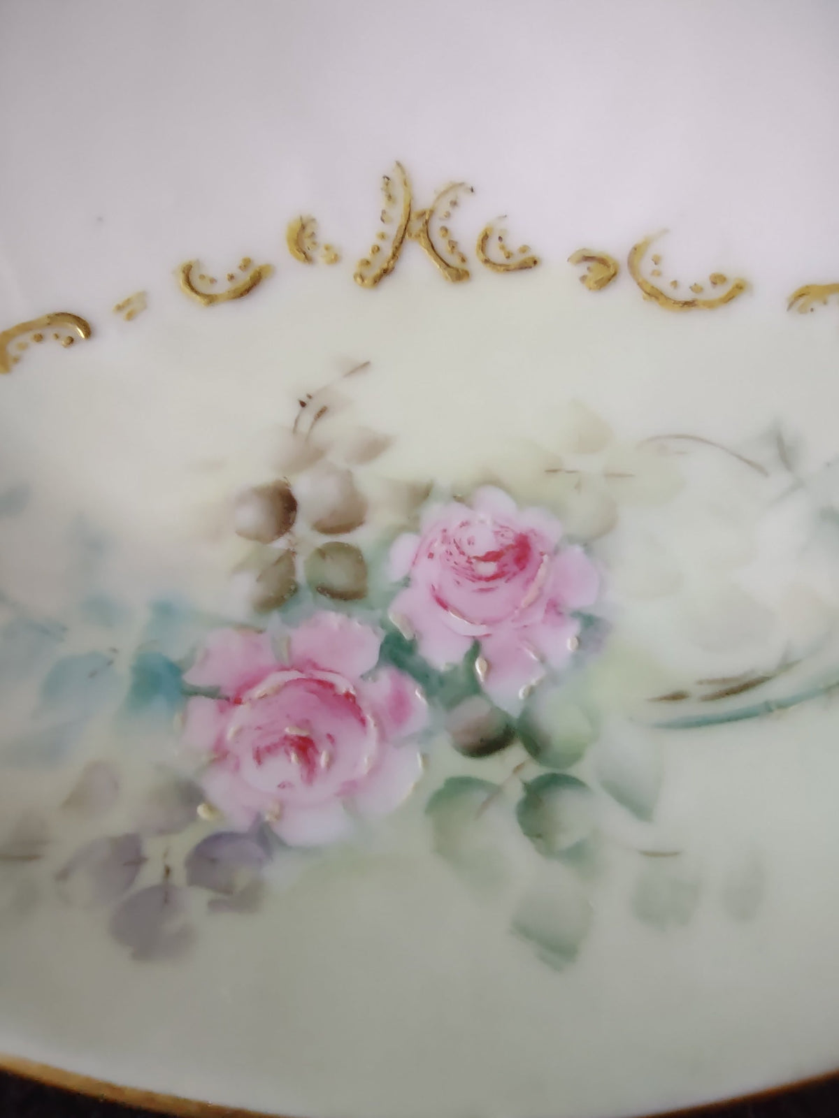 Bavaria plate pink roses gold scrollwork close-up