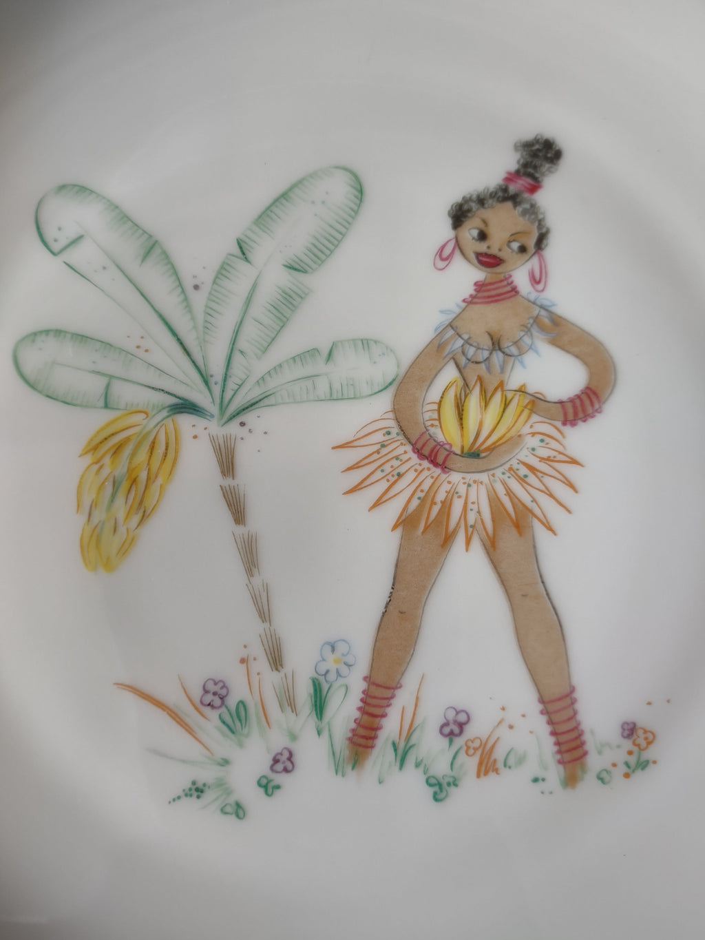 Limoges plate woman in pink blue dress harvesting oranges from tree