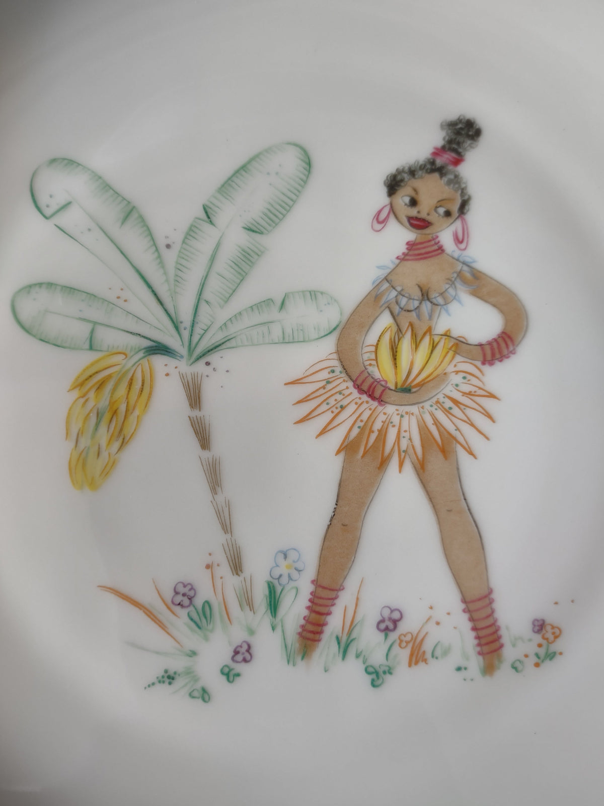 Limoges plate woman in pink blue dress harvesting oranges from tree