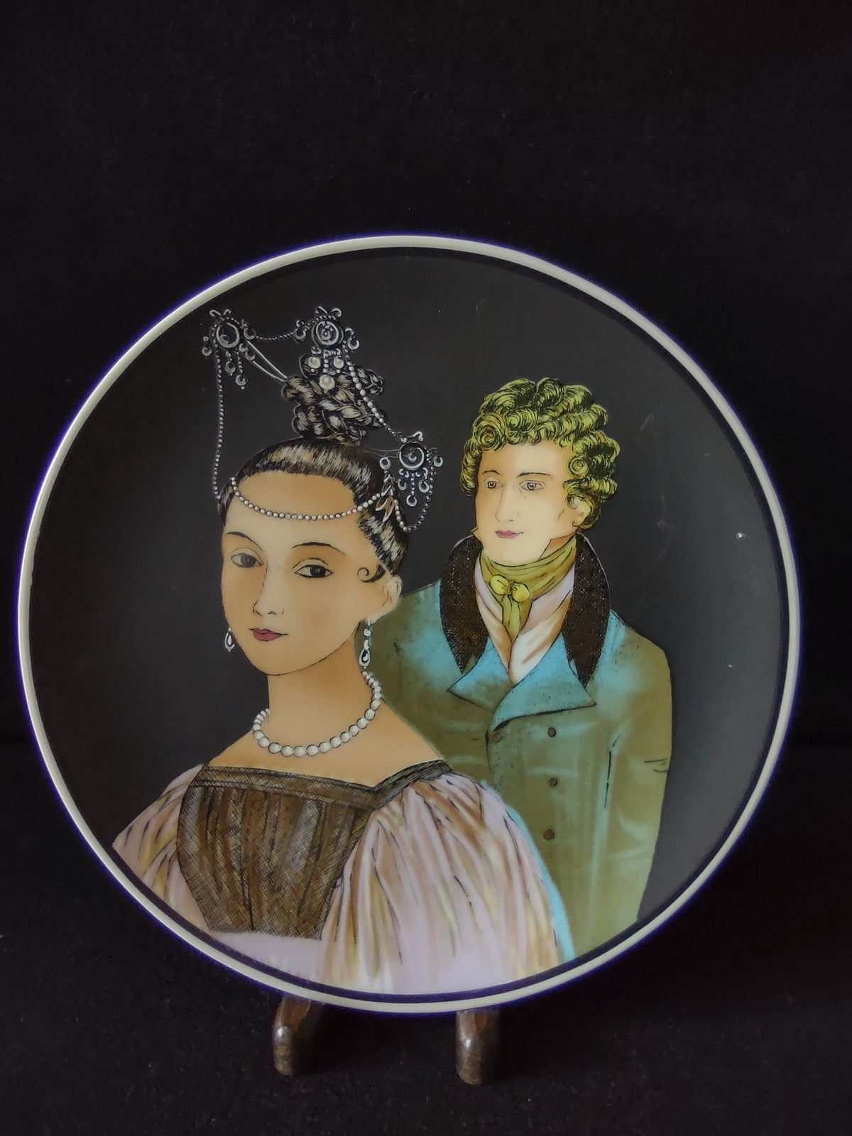 Vintage Sango Germany Regency couple portrait plate, black ground, full view