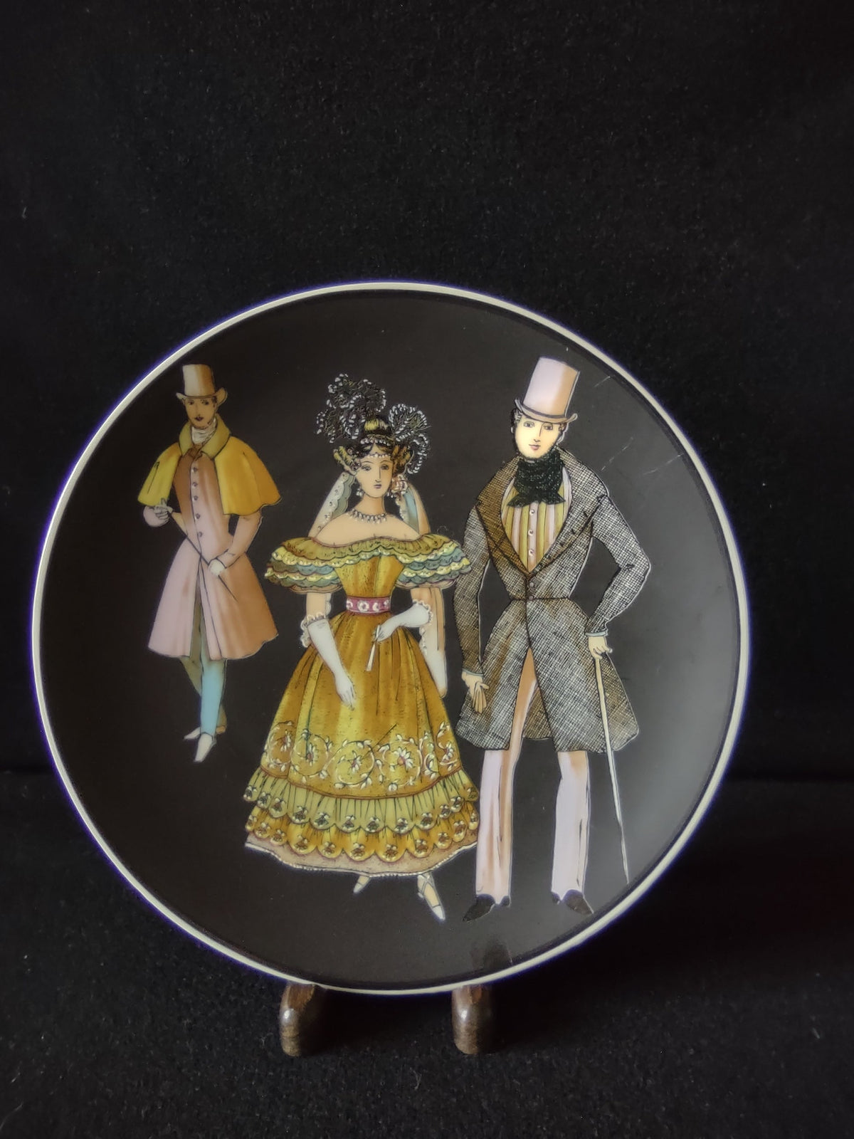 Vintage Sango Regency fashion trio plate, black ground, full front view