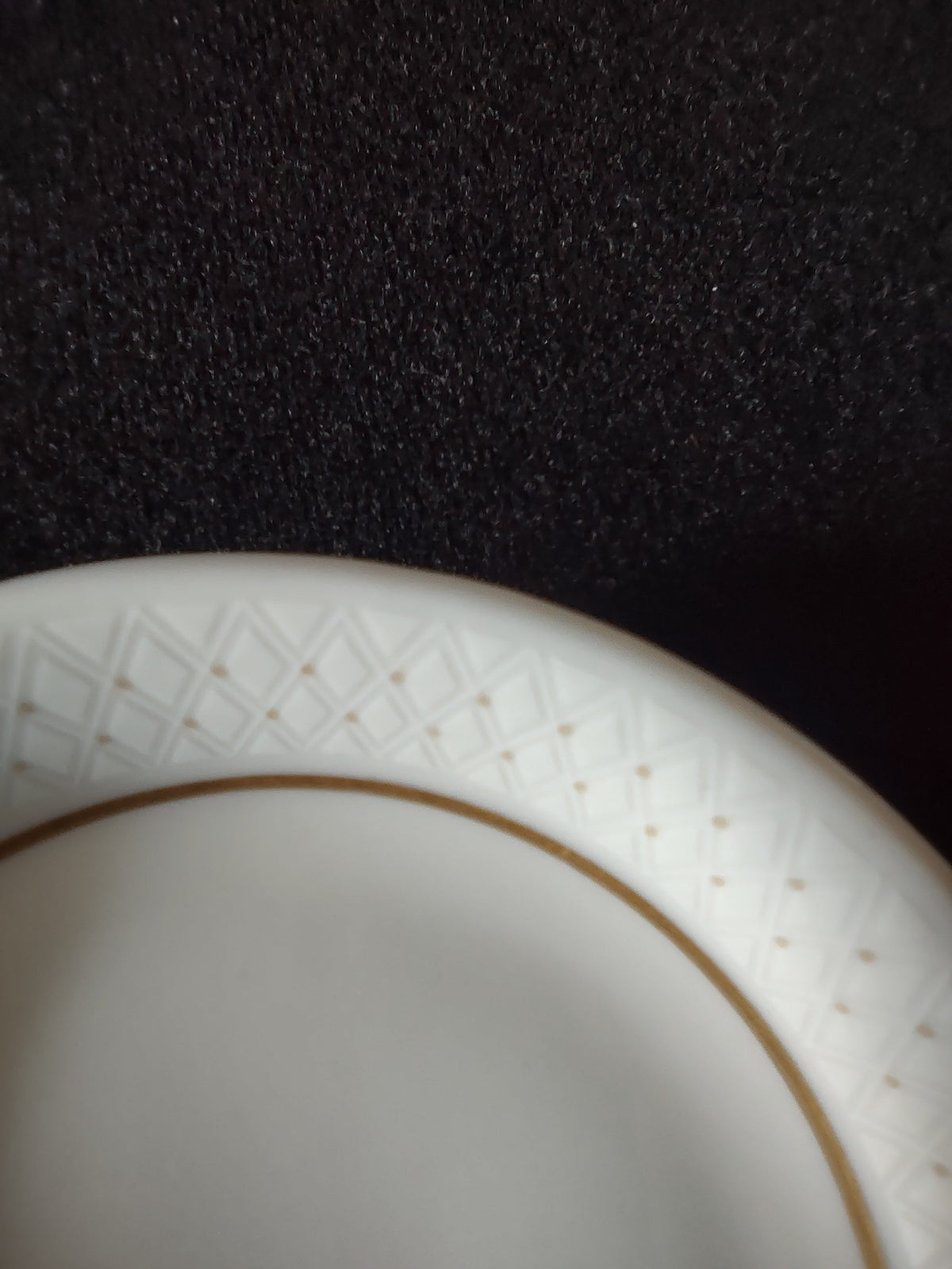 Castleton China embossed diamond rim saucer - gold line rim close-up