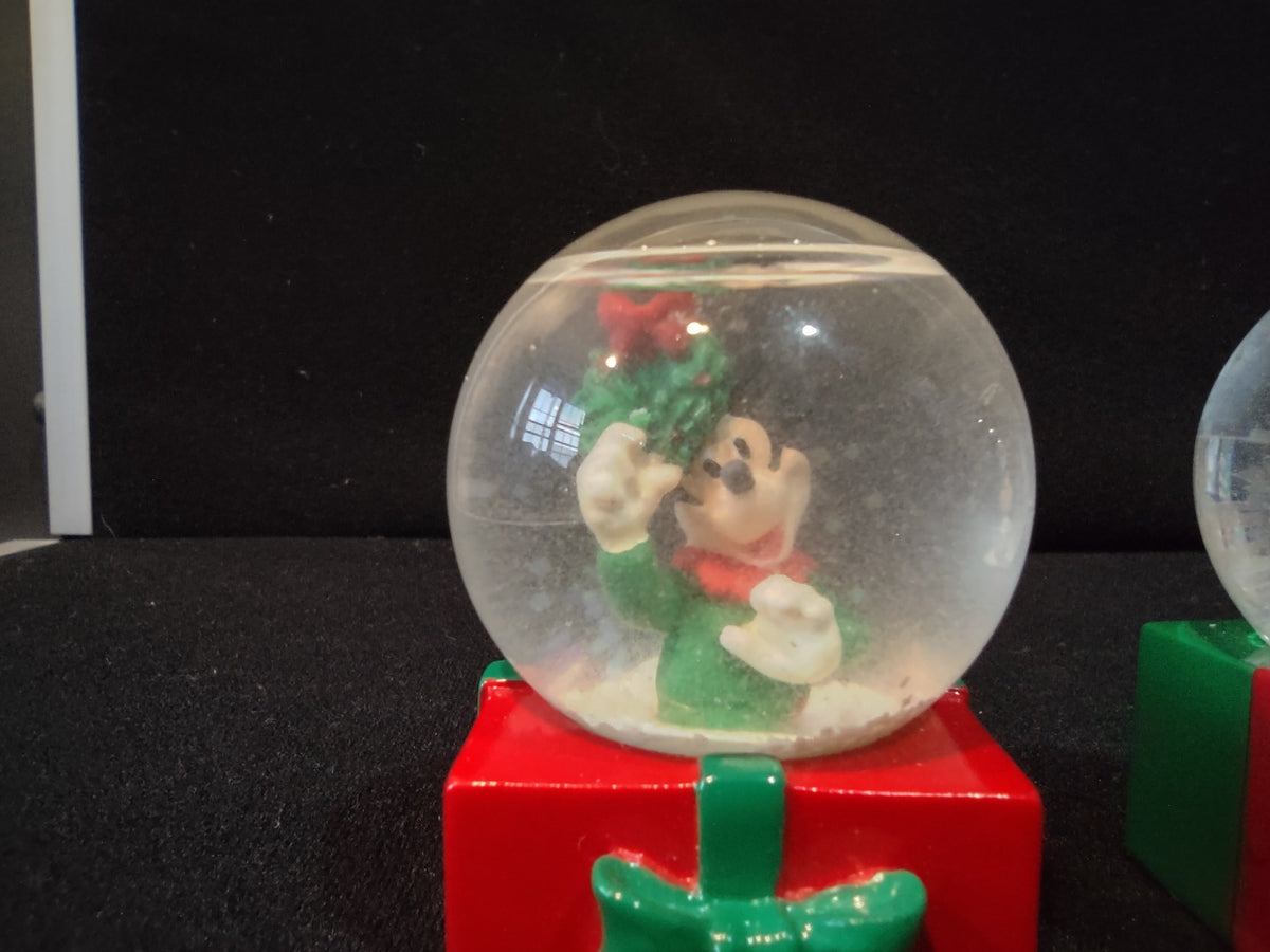 Disney Mickey and Minnie Christmas snow globes set of 2, front view showing water loss