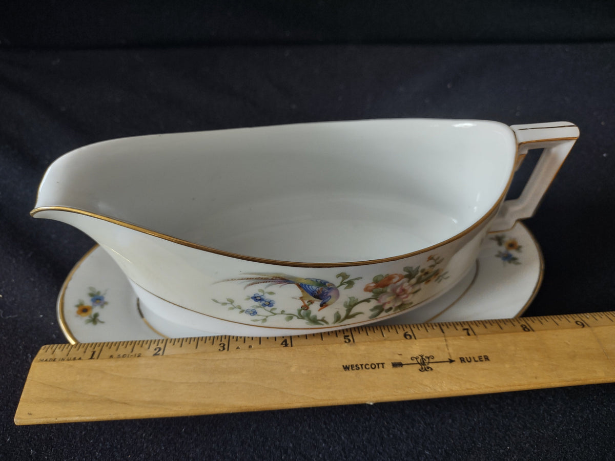 Haviland Limoges Bird of Paradise gravy boat with underplate - side view with ruler