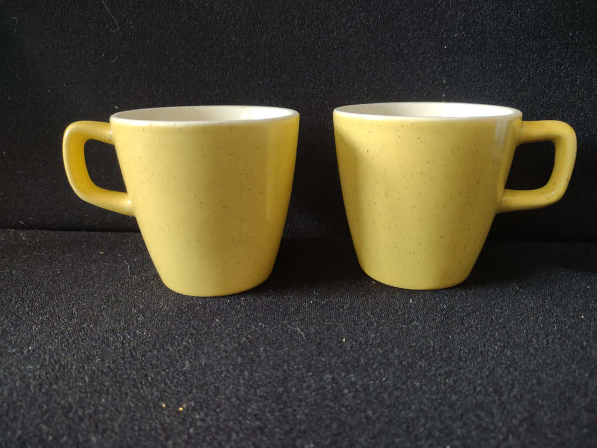 Vintage Yellow Speckled Stoneware Coffee Cup D-Ring Handle Set of 2 [7120]