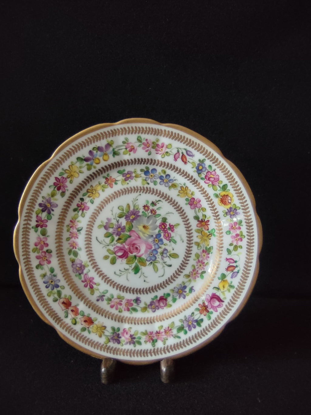 Hand painted mixed floral plate - front view with ruler showing approx 8 inch diameter