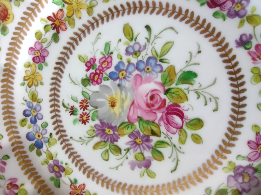 Hand painted mixed floral plate - rim detail showing gold fern bands and scattered floral sprigs