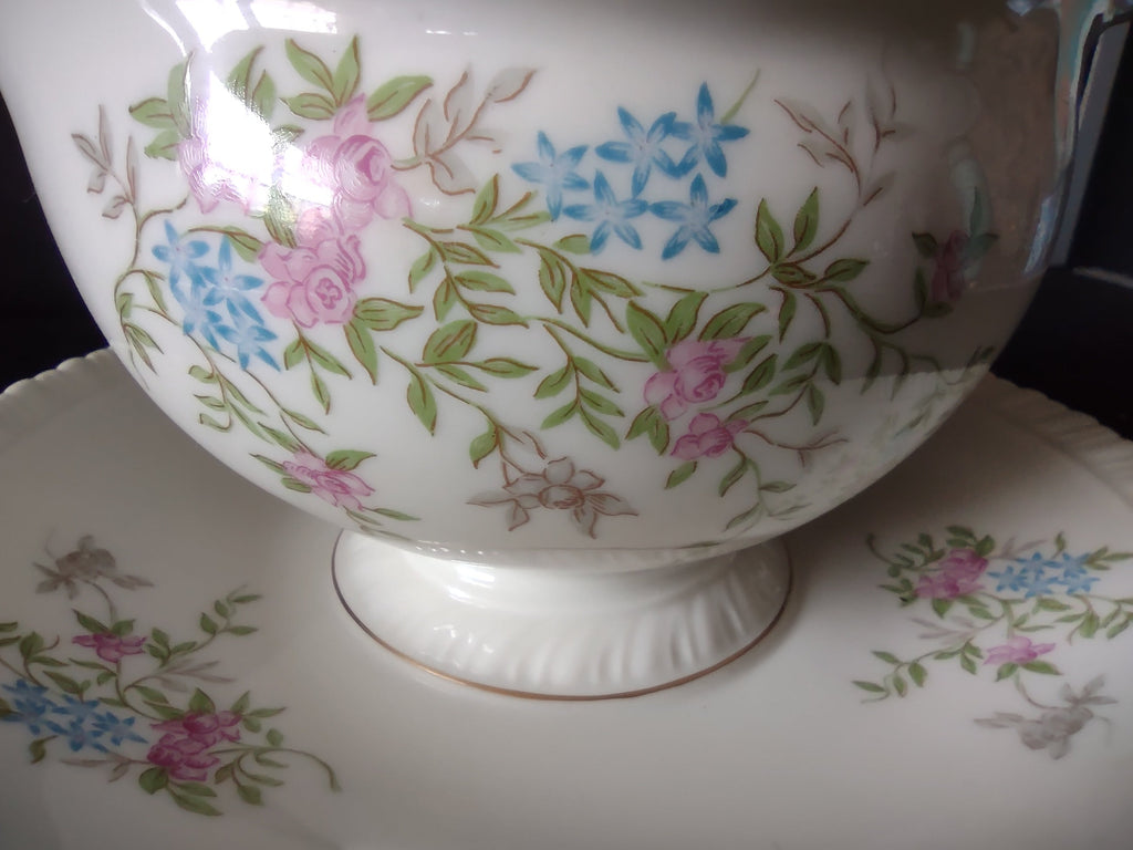 Hanover China Spring Time gravy boat - pattern detail pink roses blue flowers