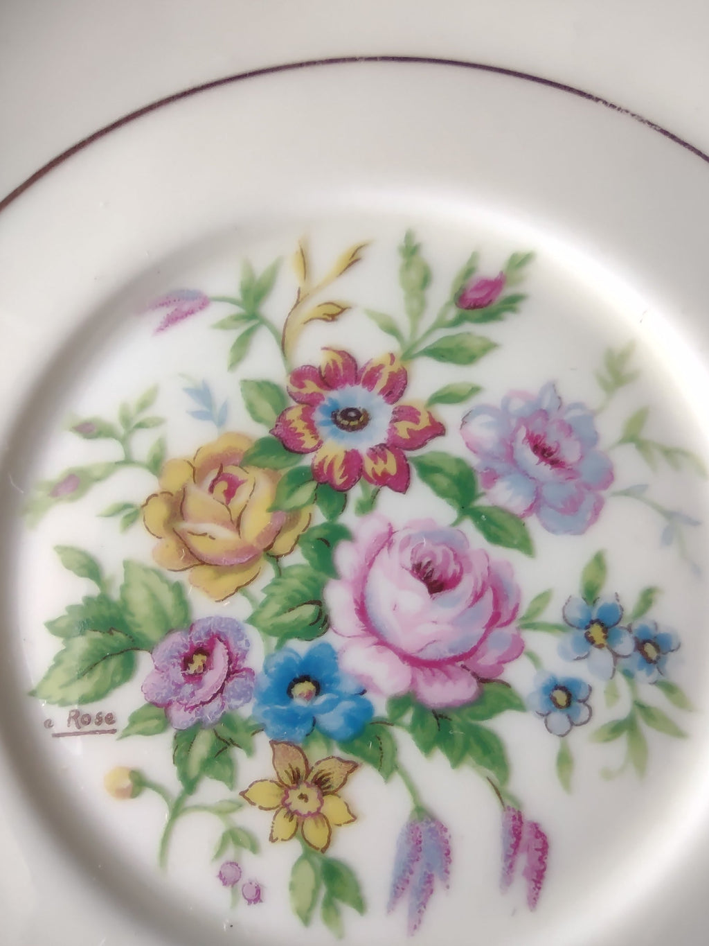 Hutschenreuther Murillo saucer - back showing Excelsior Hutschenreuther gold label and Murillo pattern name