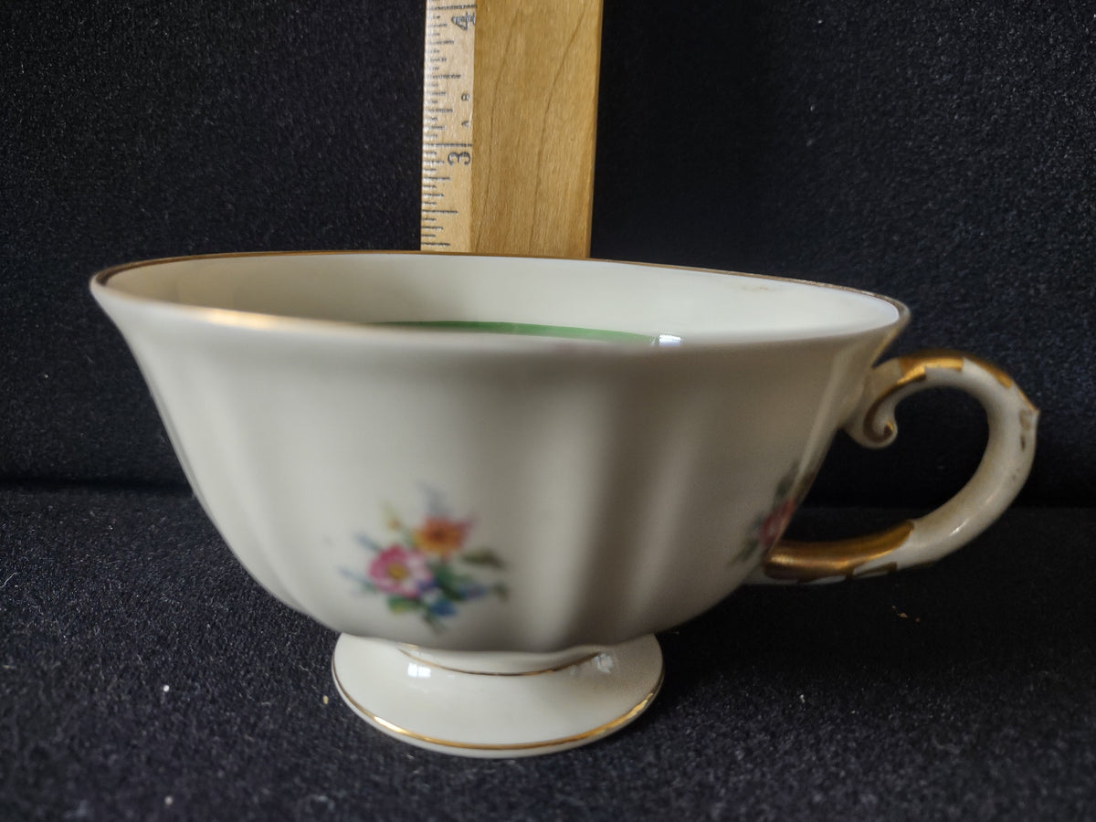 K&A Hutschenreuther Murillo cup and saucer set - full view showing cup with saucer, floral pattern and green bands