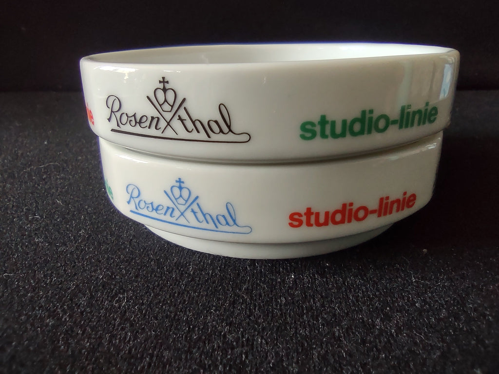 Rosenthal Studio-Linie display bowls set of 2 - stacked showing one red and one green studio-linie lettering